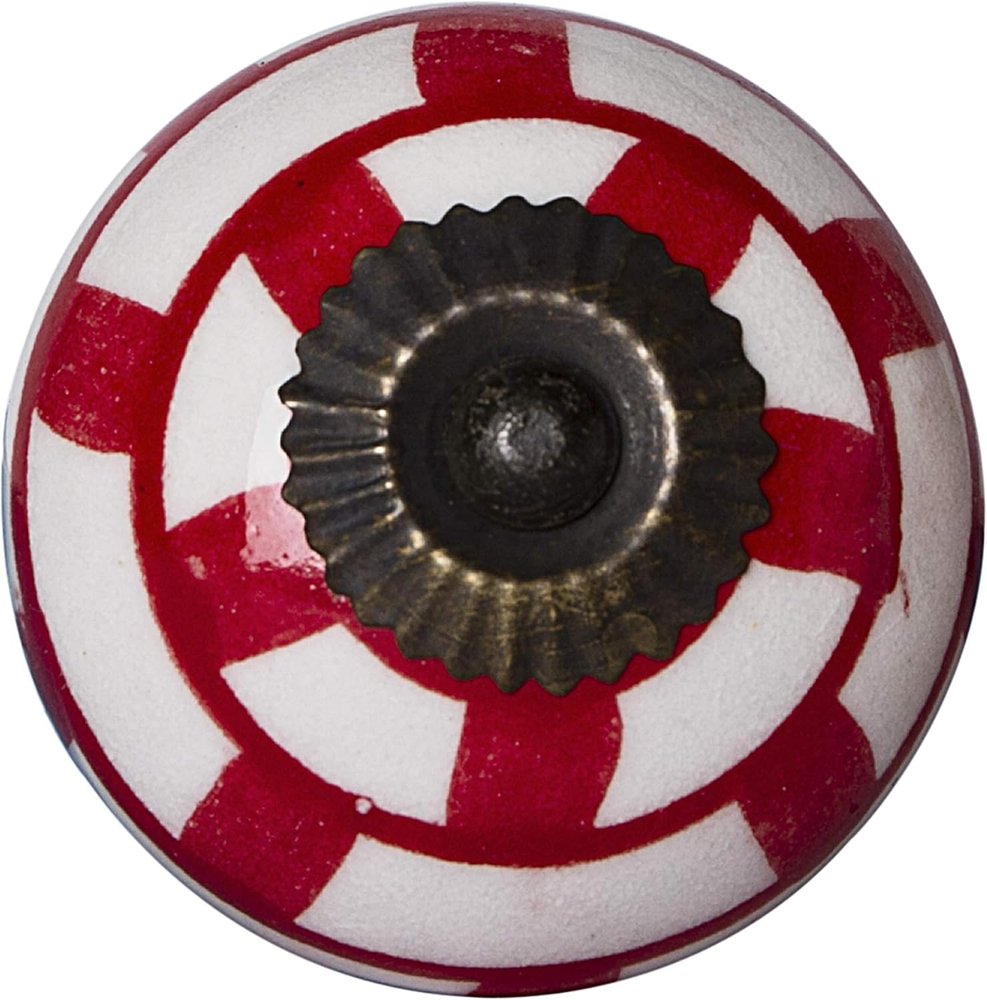 Set of Twelve Red And White Geometric Ceramic Drawer Pull Knobs on a white background