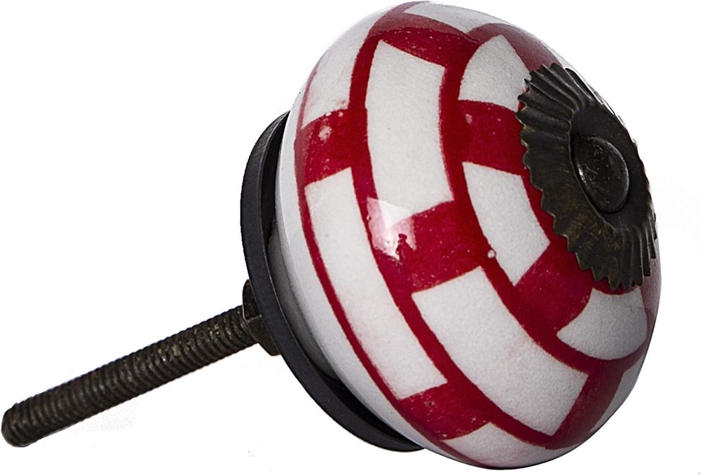 Set of Twelve Red And White Geometric Ceramic Drawer Pull Knobs on a white background