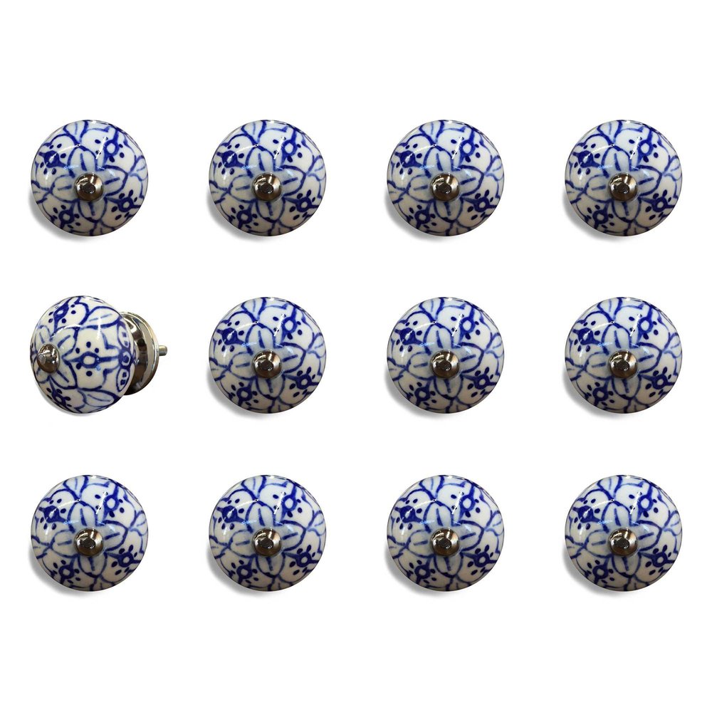 Set of Twelve Blue And White Ceramic Drawer Pull Knobs - with Matching Screws