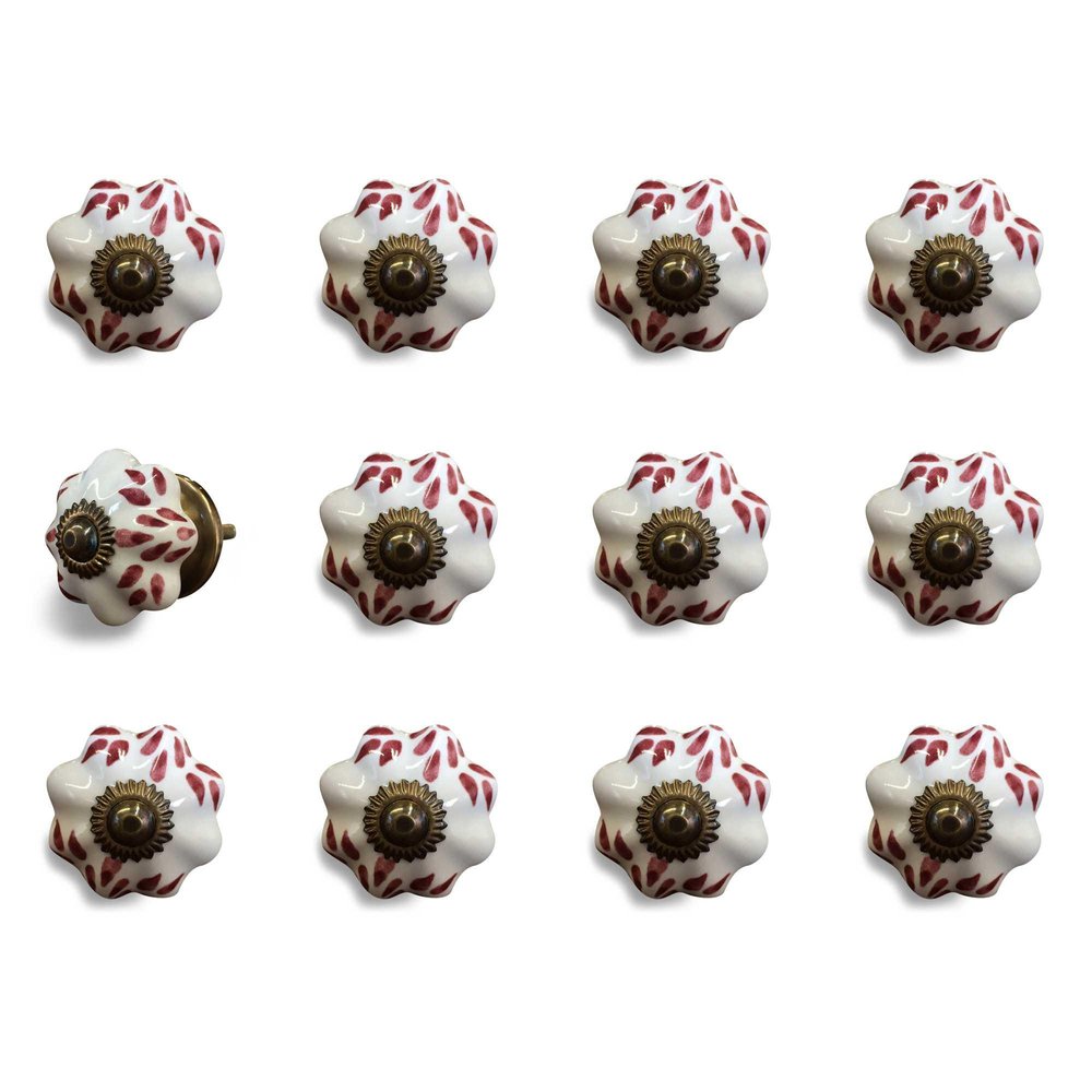 Set of Twelve Burgundy White And Copper Floral Ceramic Drawer Pull Knobs on a white background