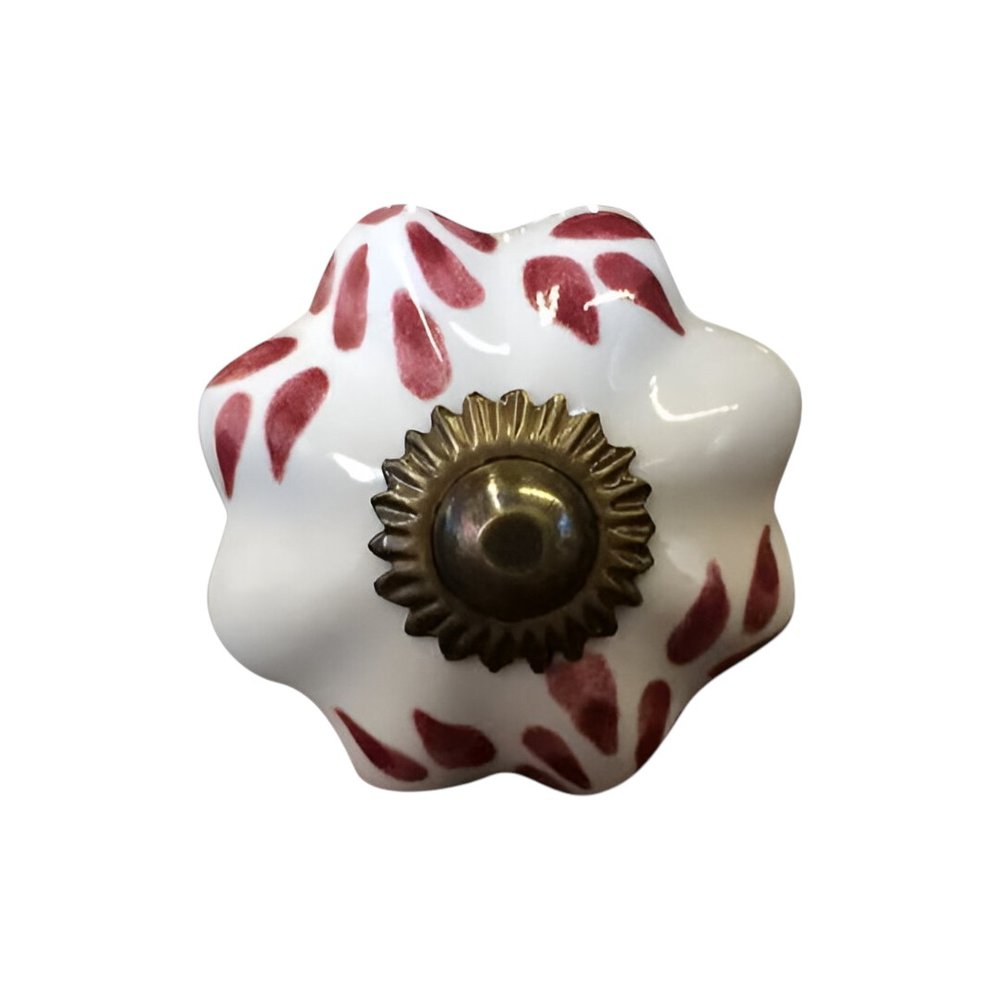 Set of Twelve Burgundy White And Copper Floral Ceramic Drawer Pull Knobs on a white background