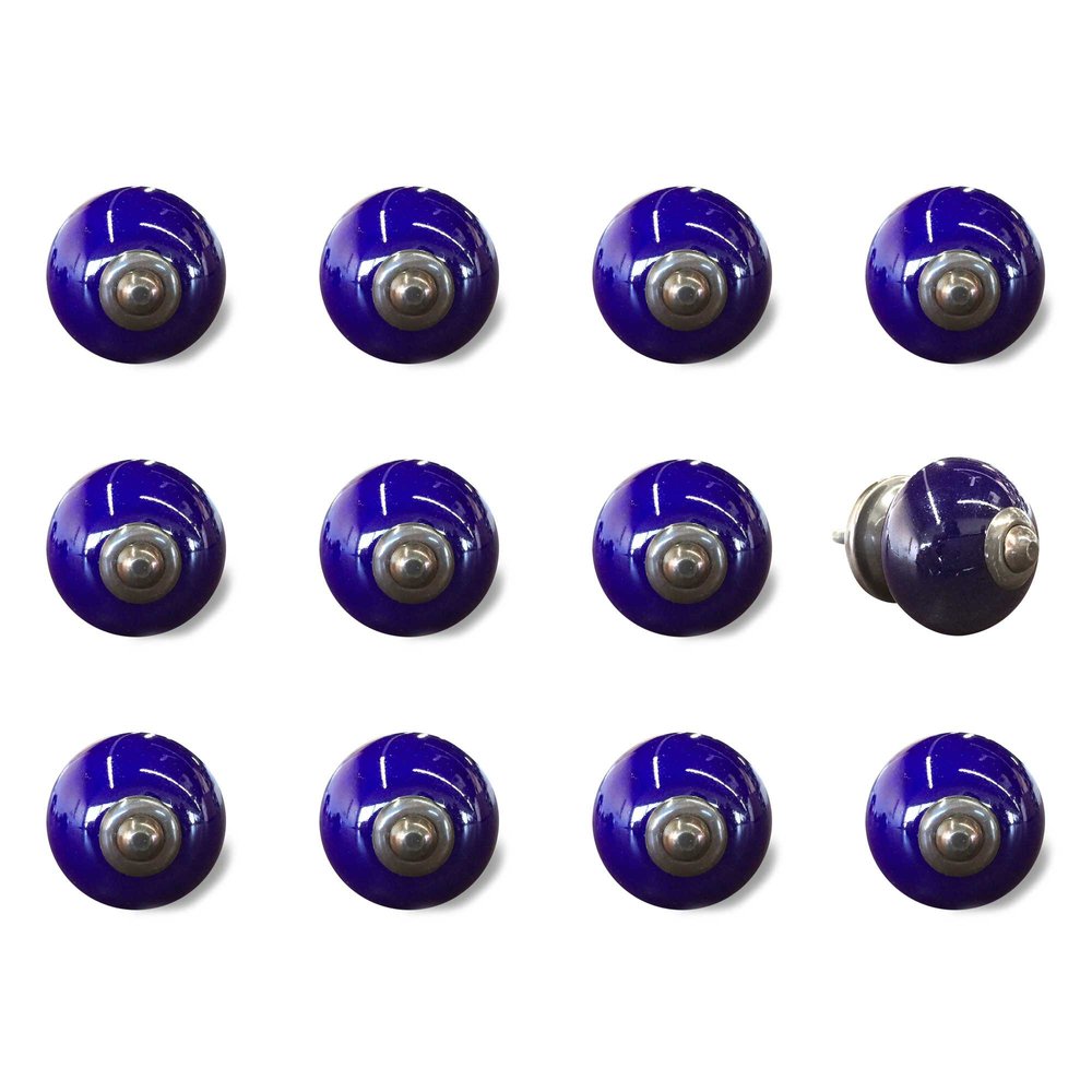 Twelve navy blue ceramic drawer pull knobs with silver accents on a white background.