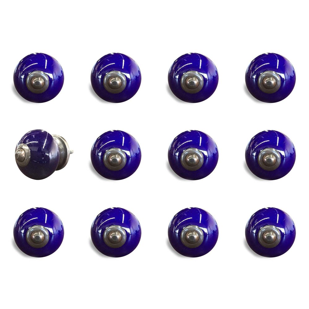 Set of Twelve Navy Blue Ceramic Drawer Pull Knobs on a white background