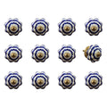 Set of Twelve Blue White And Copper Floral Ceramic Drawer Pull Knobs on a white background
