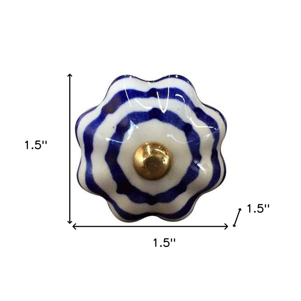 Set of Twelve Blue White And Copper Floral Ceramic Drawer Pull Knobs on a white background