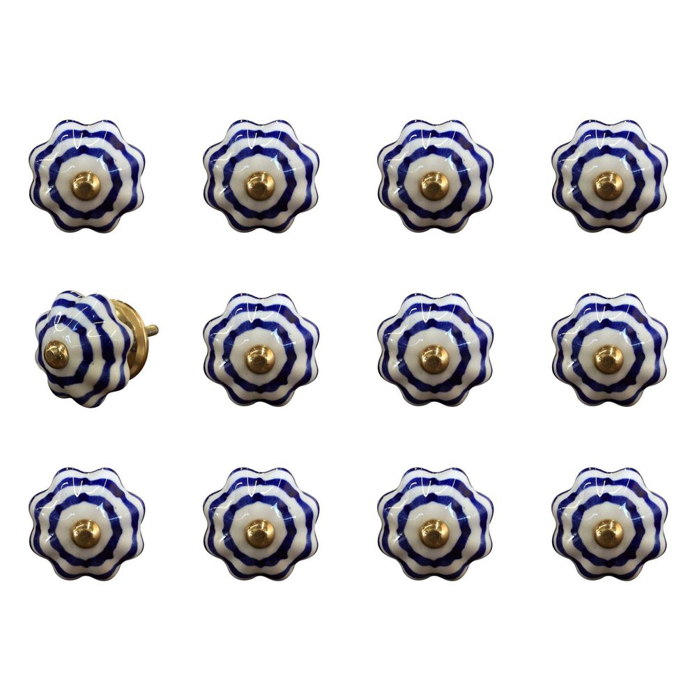 Set of Twelve Blue White And Copper Floral Ceramic Drawer Pull Knobs on a white background