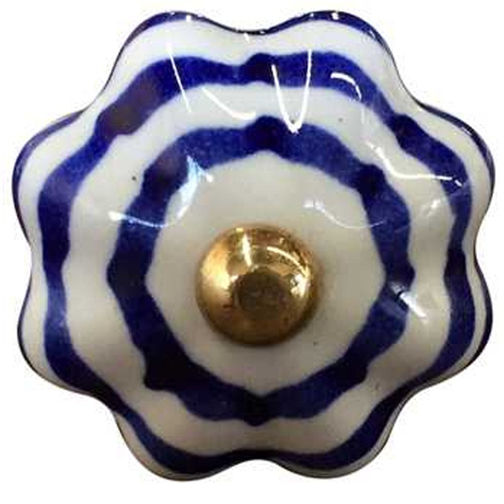 Set of Twelve Blue White And Copper Floral Ceramic Drawer Pull Knobs on a white background