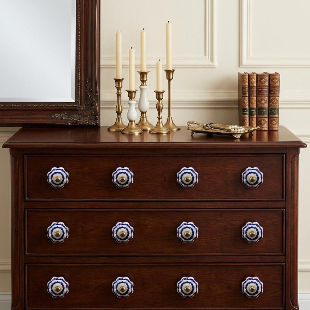 Set of Twelve Blue White And Copper Floral Ceramic Drawer Pull Knobs in a home interior