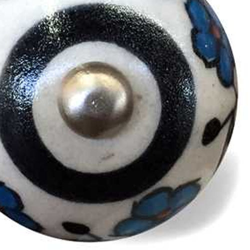 1.5" X 1.5" X 1.5" White Black And Navy Knobs 12 Pack. Cabinet knobs isolated on a plain white background, showing a black ceramic surface.