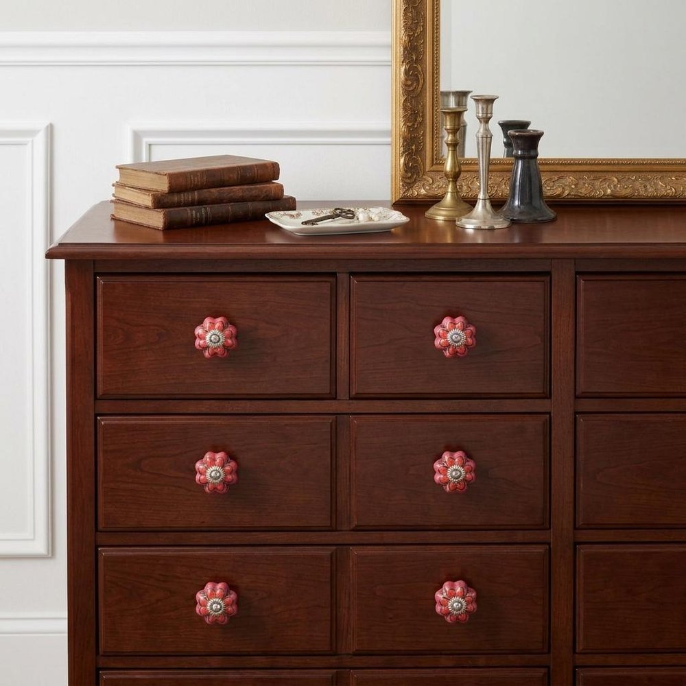 Set of Eight Red Pink And Green Floral Ceramic Drawer Pull Knobs