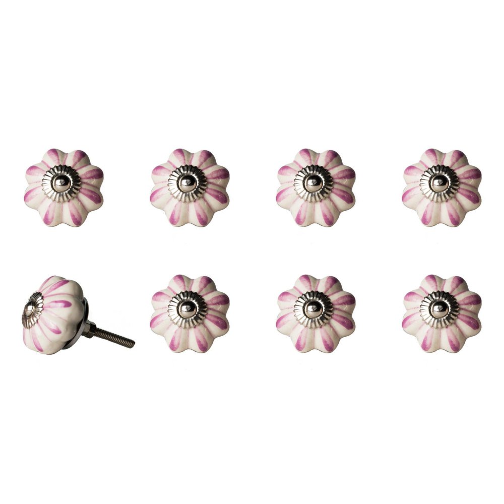 Set of Eight Red Pink And Green Floral Ceramic Drawer Pull Knobs
