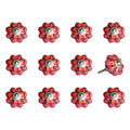 Set of Twelve Red Pink And Green Floral Ceramic Drawer Pull Knobs on a white background