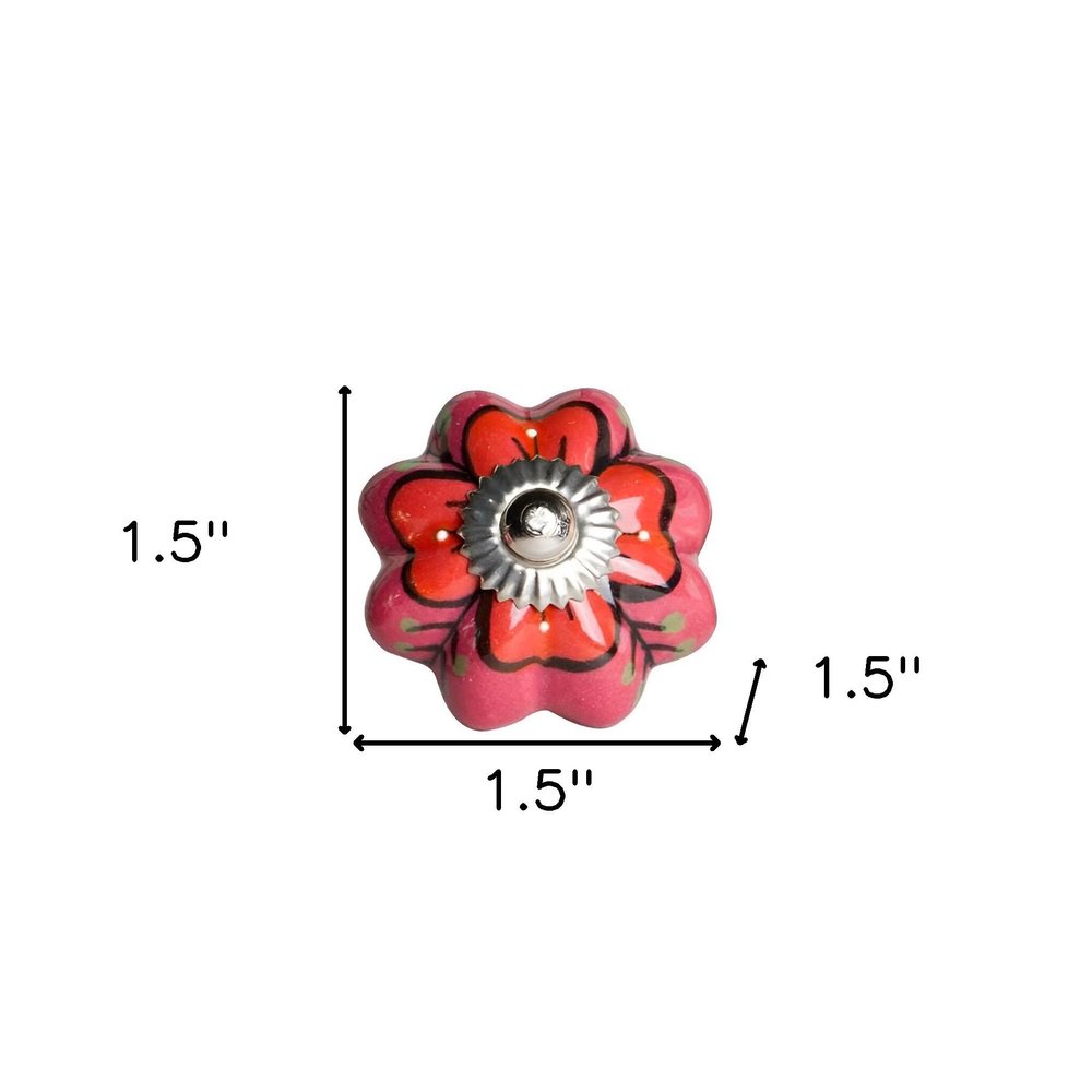 Set of Twelve Red Pink And Green Floral Ceramic Drawer Pull Knobs on a white background