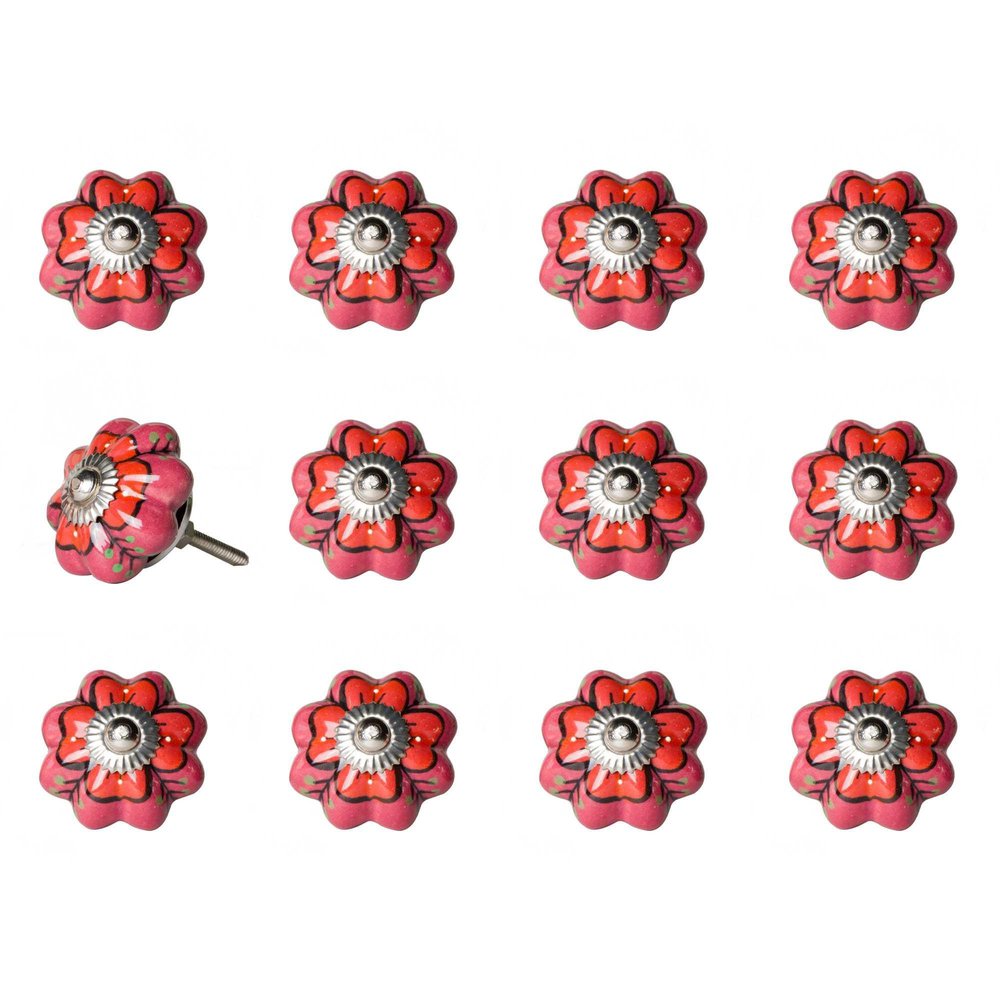 Set of Twelve Red Pink And Green Floral Ceramic Drawer Pull Knobs on a white background