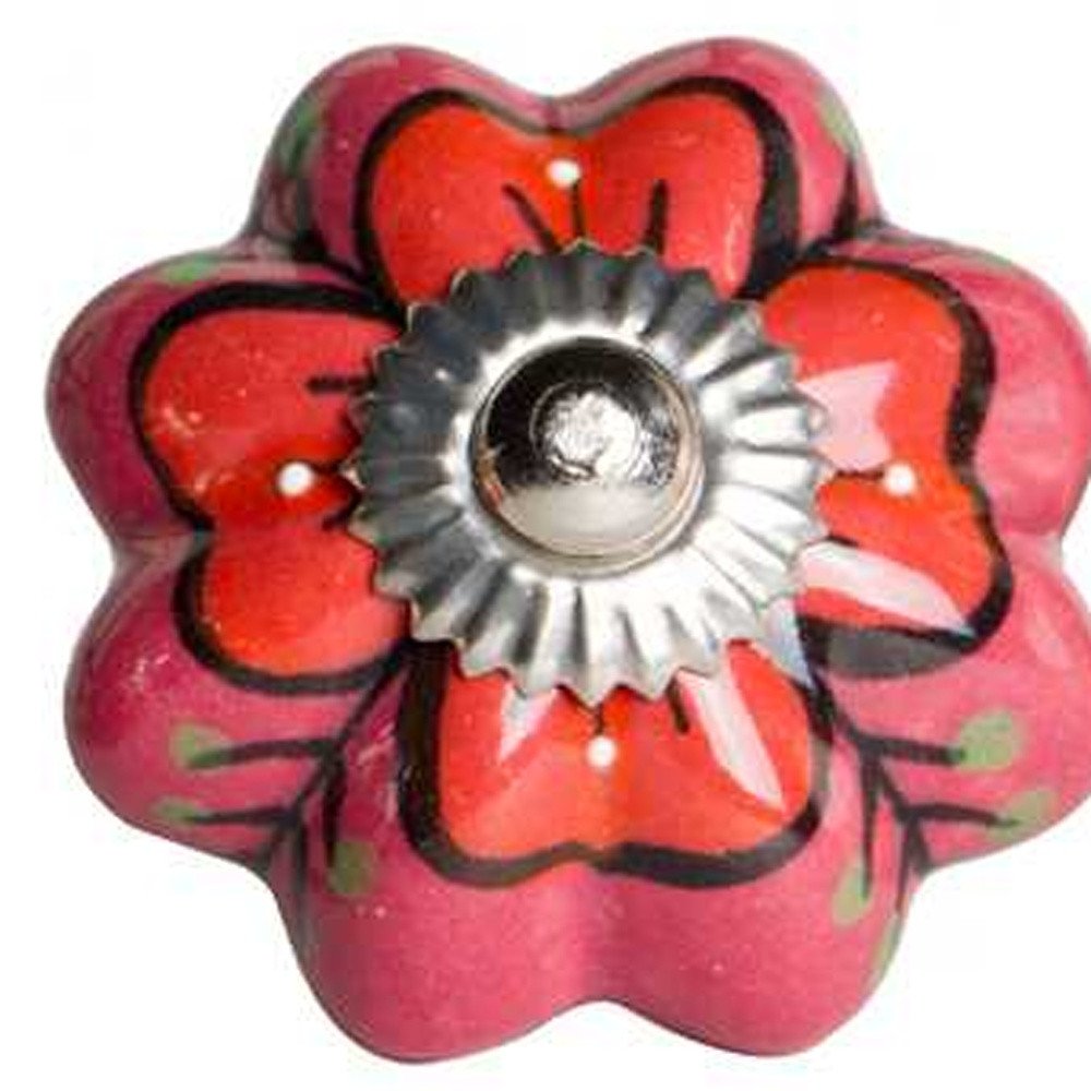 Set of Twelve Red Pink And Green Floral Ceramic Drawer Pull Knobs on a white background