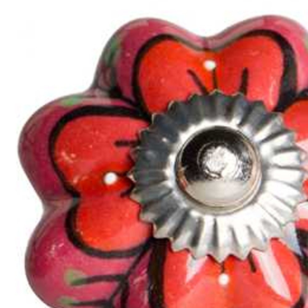 Set of Twelve Red Pink And Green Floral Ceramic Drawer Pull Knobs on a white background