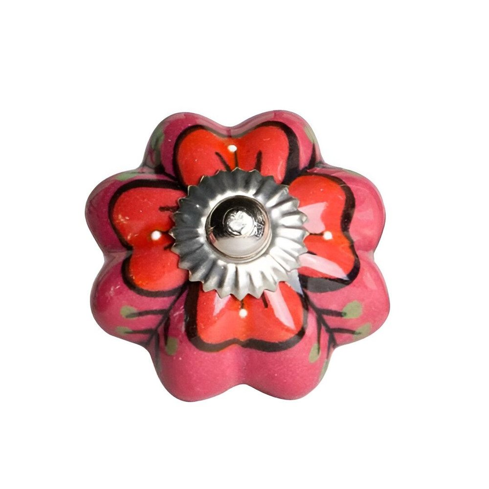Set of Twelve Red Pink And Green Floral Ceramic Drawer Pull Knobs on a white background