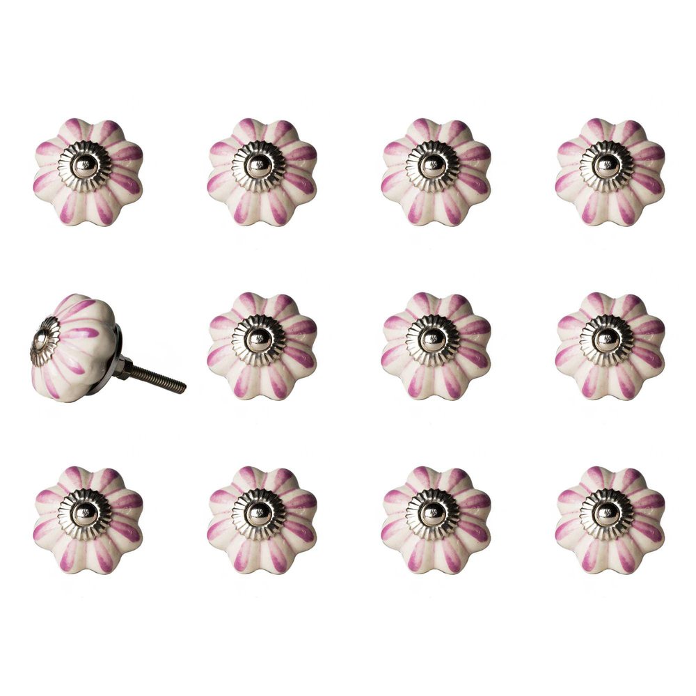 Set of Twelve Pink And Cream Ceramic Drawer Pull Knobs on a white background