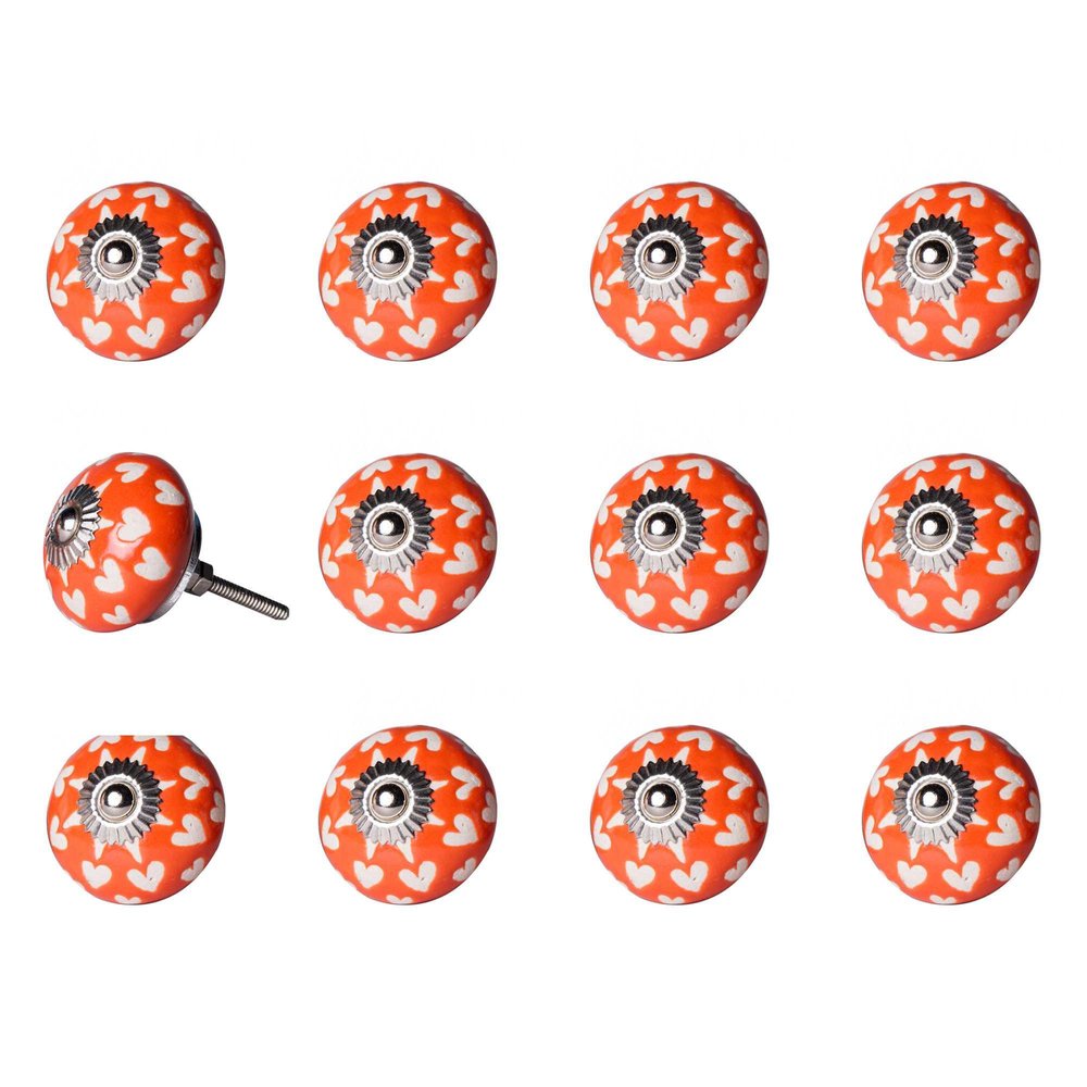 Set of Twelve Orange White And Silver Floral Ceramic Drawer Pull Knobs on a white background