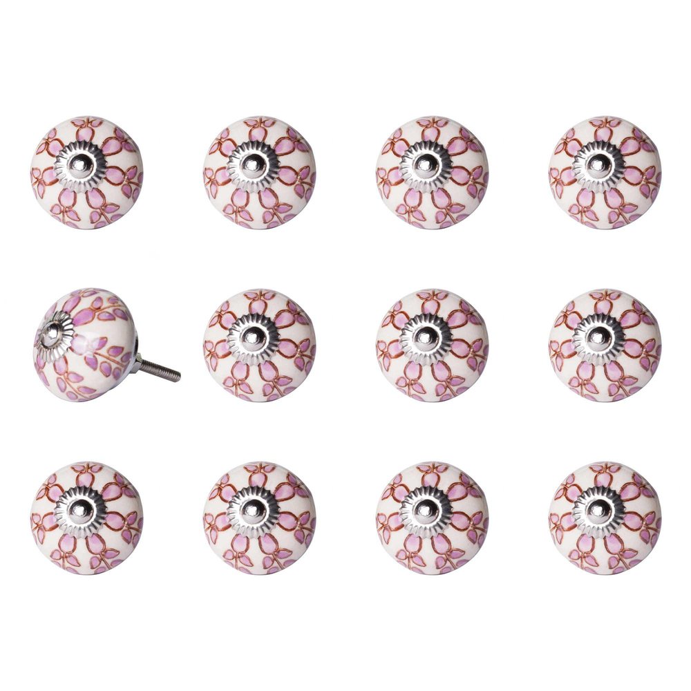 Set of Twelve Pink White And Burgundy Floral Ceramic Drawer Pull Knobs on a white background