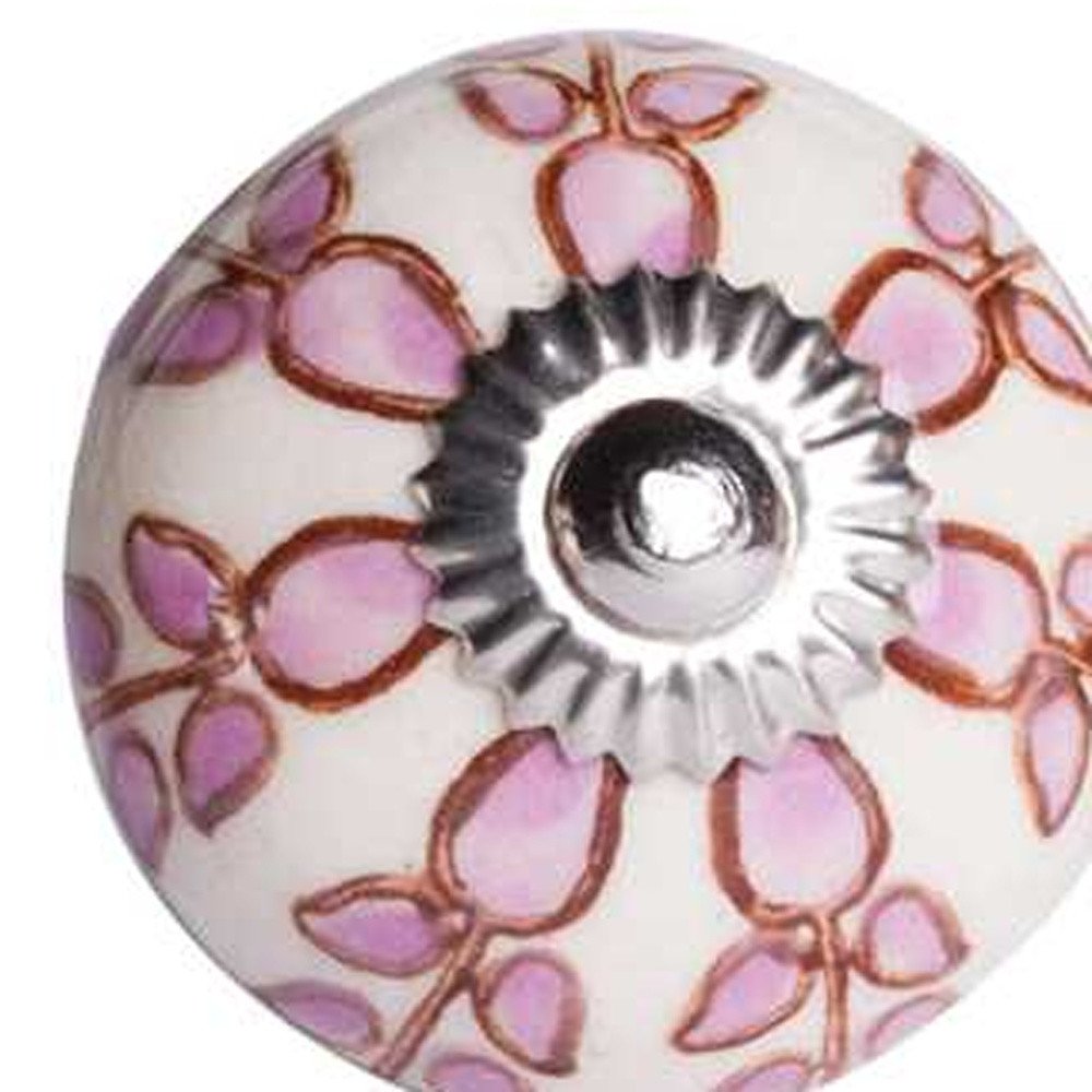 Set of Twelve Pink White And Burgundy Floral Ceramic Drawer Pull Knobs on a white background