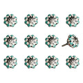 Set of Twelve Green Silver And White Geometric Ceramic Drawer Pull Knobs on a white background