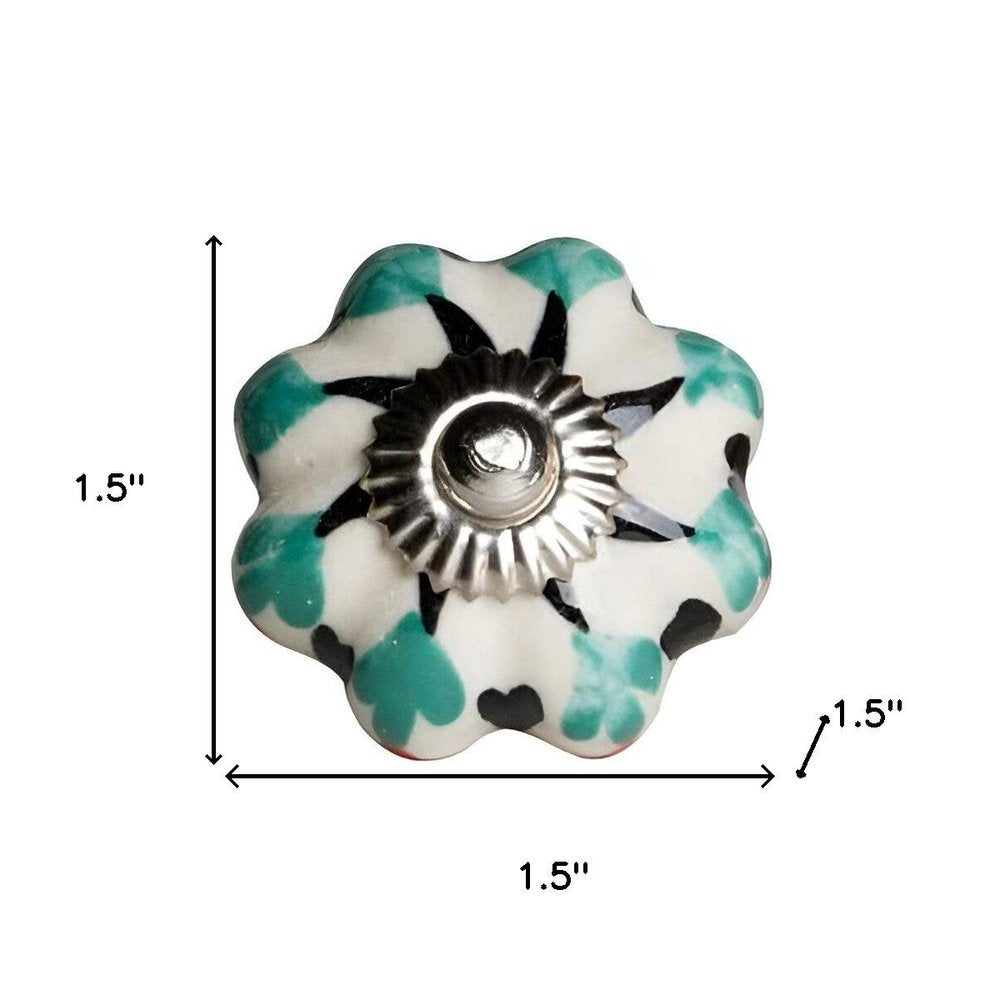 Set of Twelve Green Silver And White Geometric Ceramic Drawer Pull Knobs on a white background