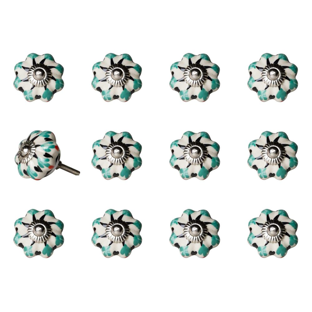 Set of Twelve Green Silver And White Geometric Ceramic Drawer Pull Knobs on a white background