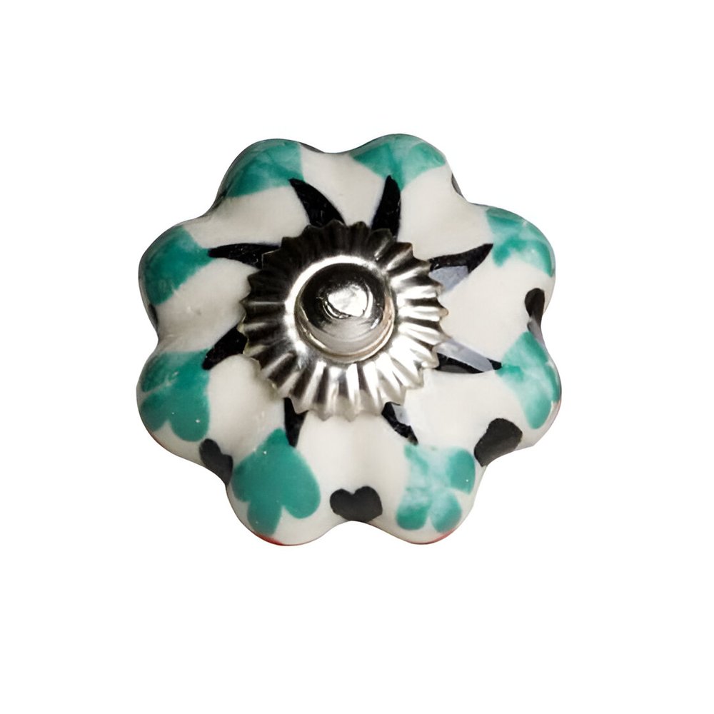 Set of Twelve Green Silver And White Geometric Ceramic Drawer Pull Knobs on a white background