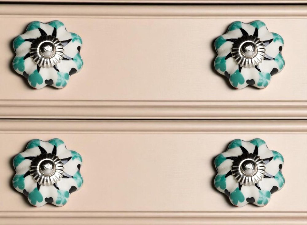 Set of Twelve Green Silver And White Geometric Ceramic Drawer Pull Knobs