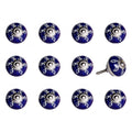 Set of Twelve Blue And White Geometric Ceramic Drawer Pull Knobs on a white background