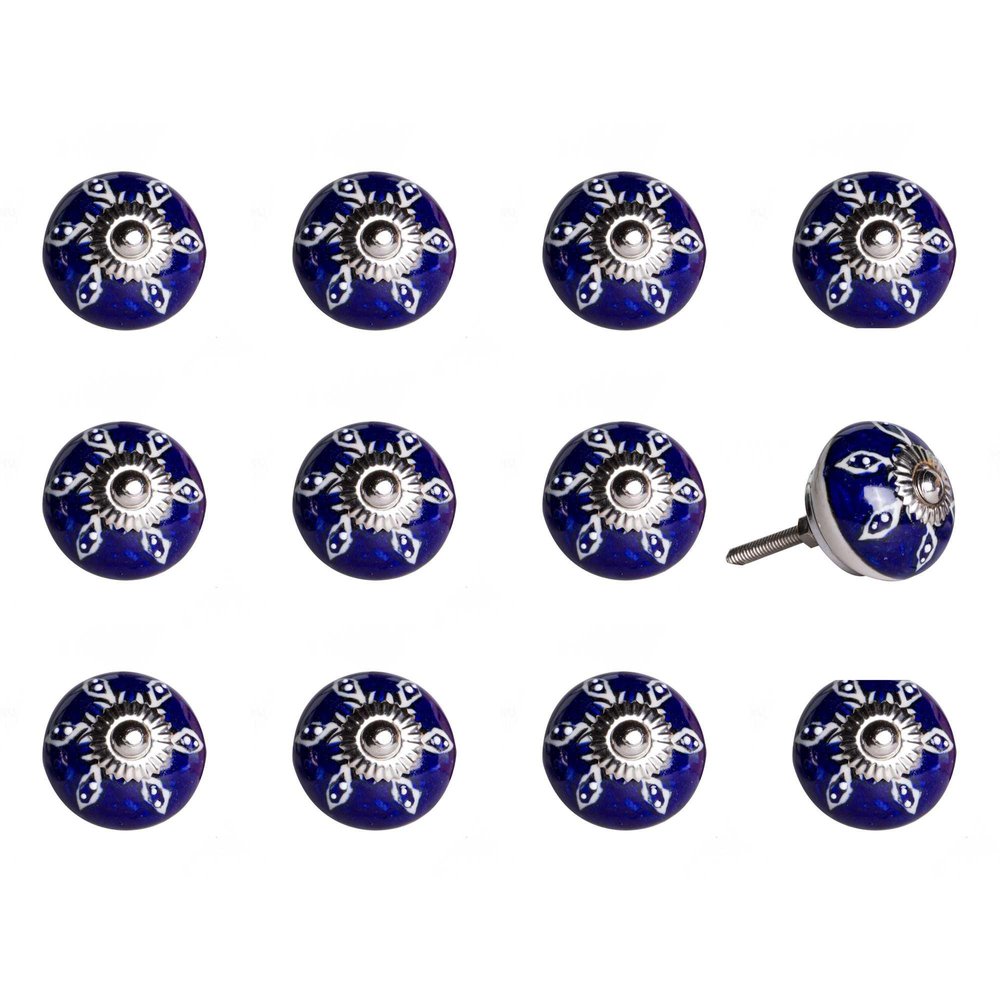 Twelve blue and white ceramic drawer pull knobs with geometric patterns on a white background.