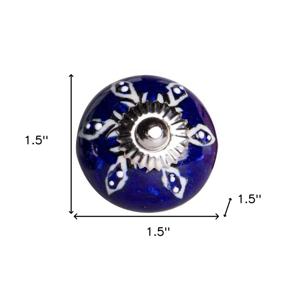 Set of Twelve Blue And White Geometric Ceramic Drawer Pull Knobs on a white background