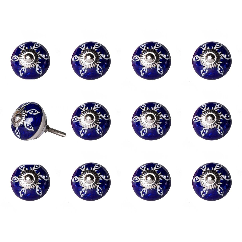 Set of Twelve Blue And White Geometric Ceramic Drawer Pull Knobs on a white background