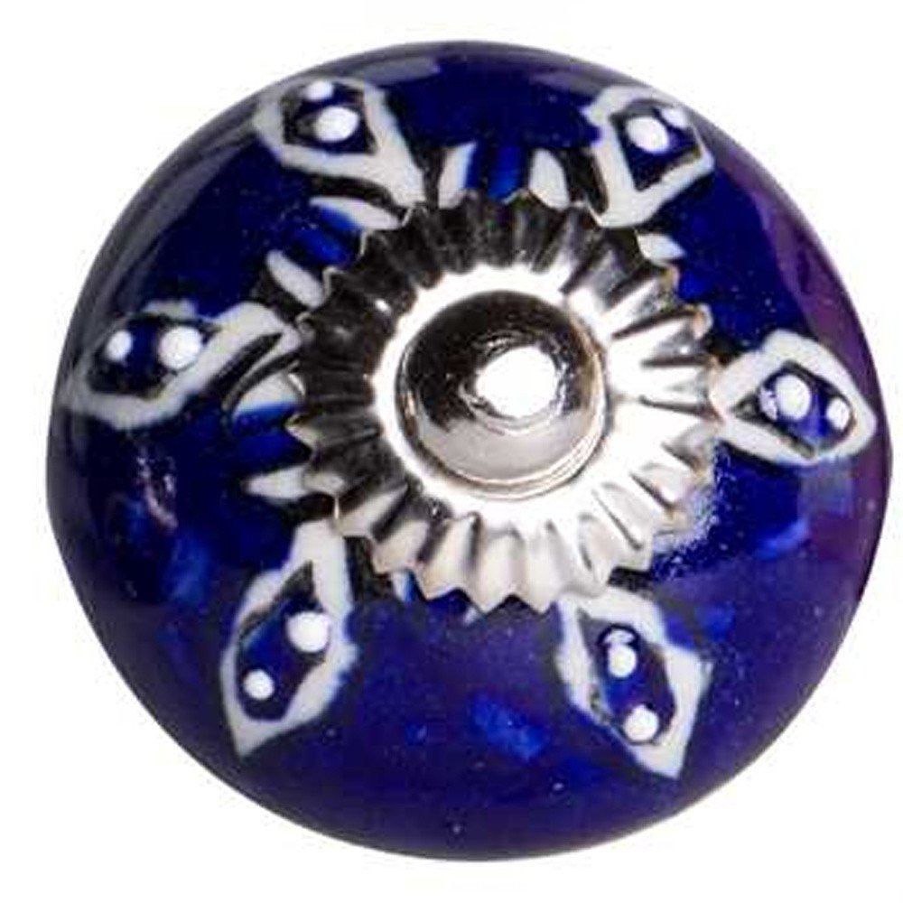 Set of Twelve Blue And White Geometric Ceramic Drawer Pull Knobs on a white background