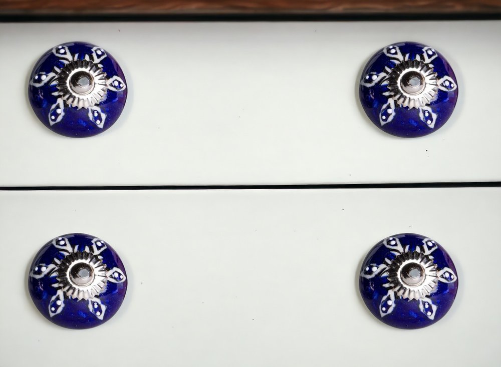 Set of Twelve Blue And White Geometric Ceramic Drawer Pull Knobs in a home interior
