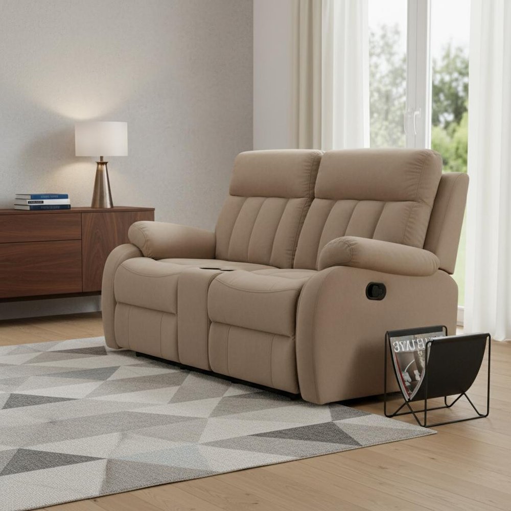 40" Modern Beige Fabric Sofa styled in a furnished interior with a light gray wall on a wood floor.