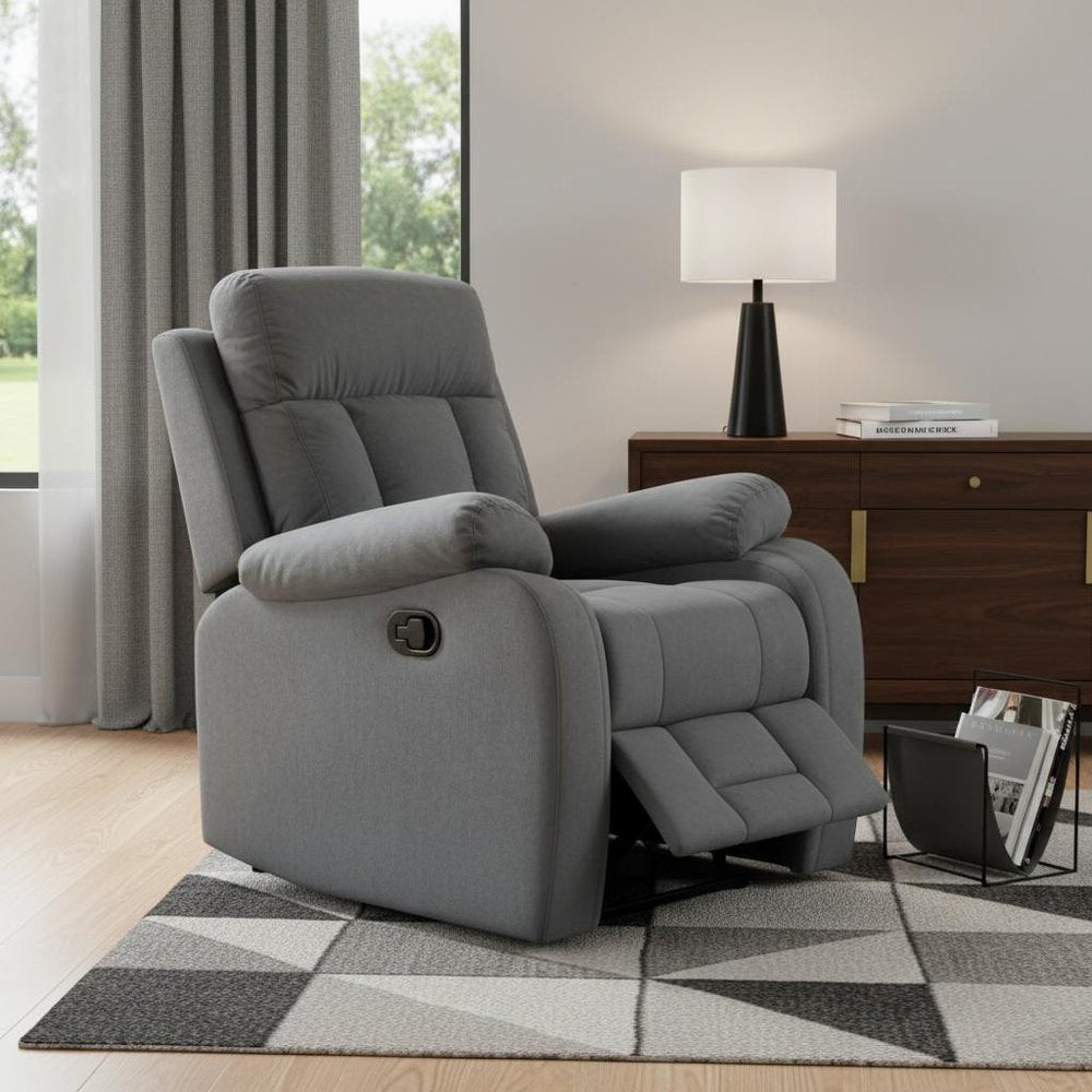 40" Modern Grey Fabric Loveseat. Recliner isolated on a plain white background, finished in gray fabric.