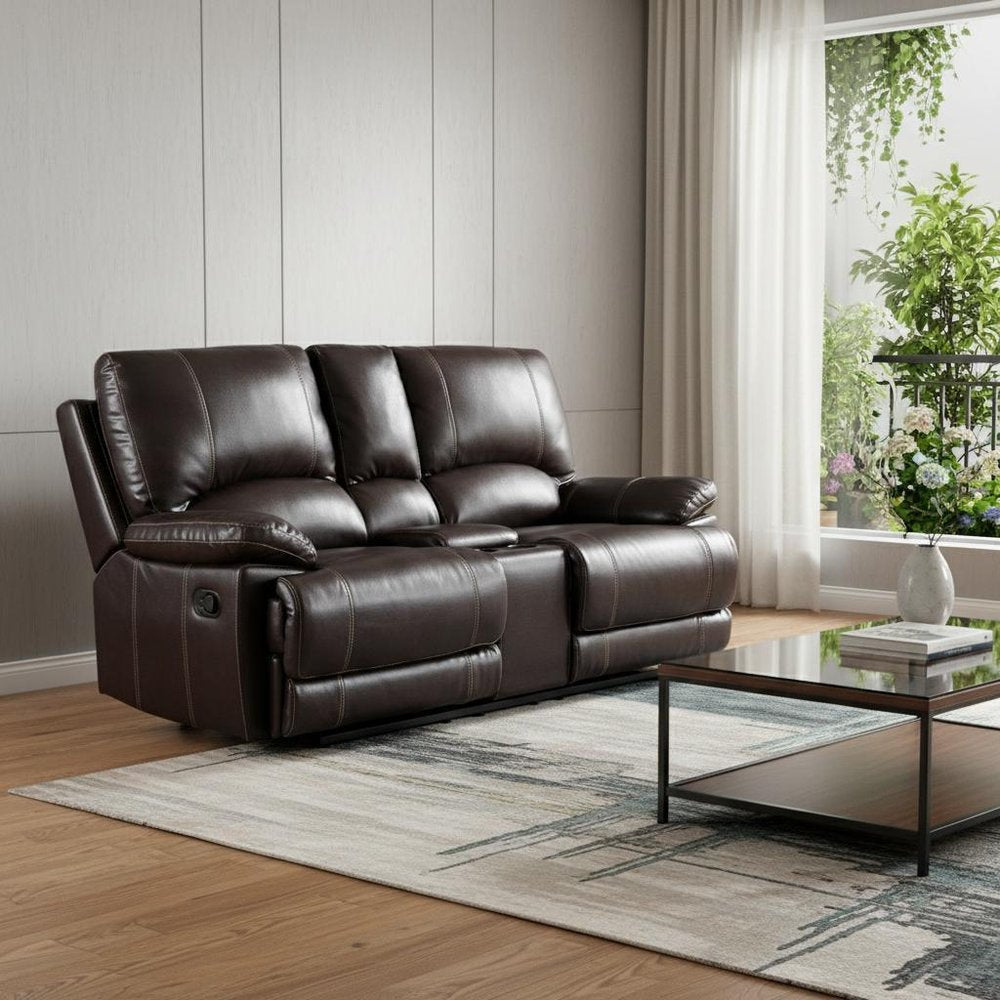 76" Brown Faux Leather Manual Reclining Love Seat With Storage in a home interior