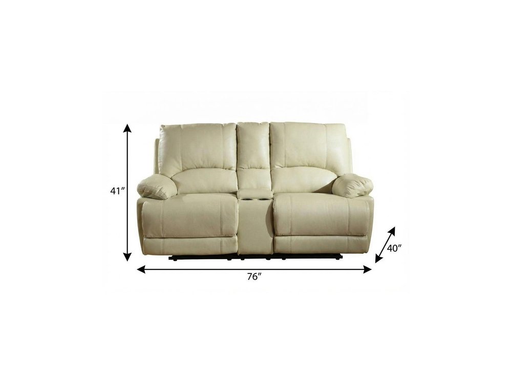 76" Beige Faux Leather Manual Reclining Love Seat With Storage on a white background