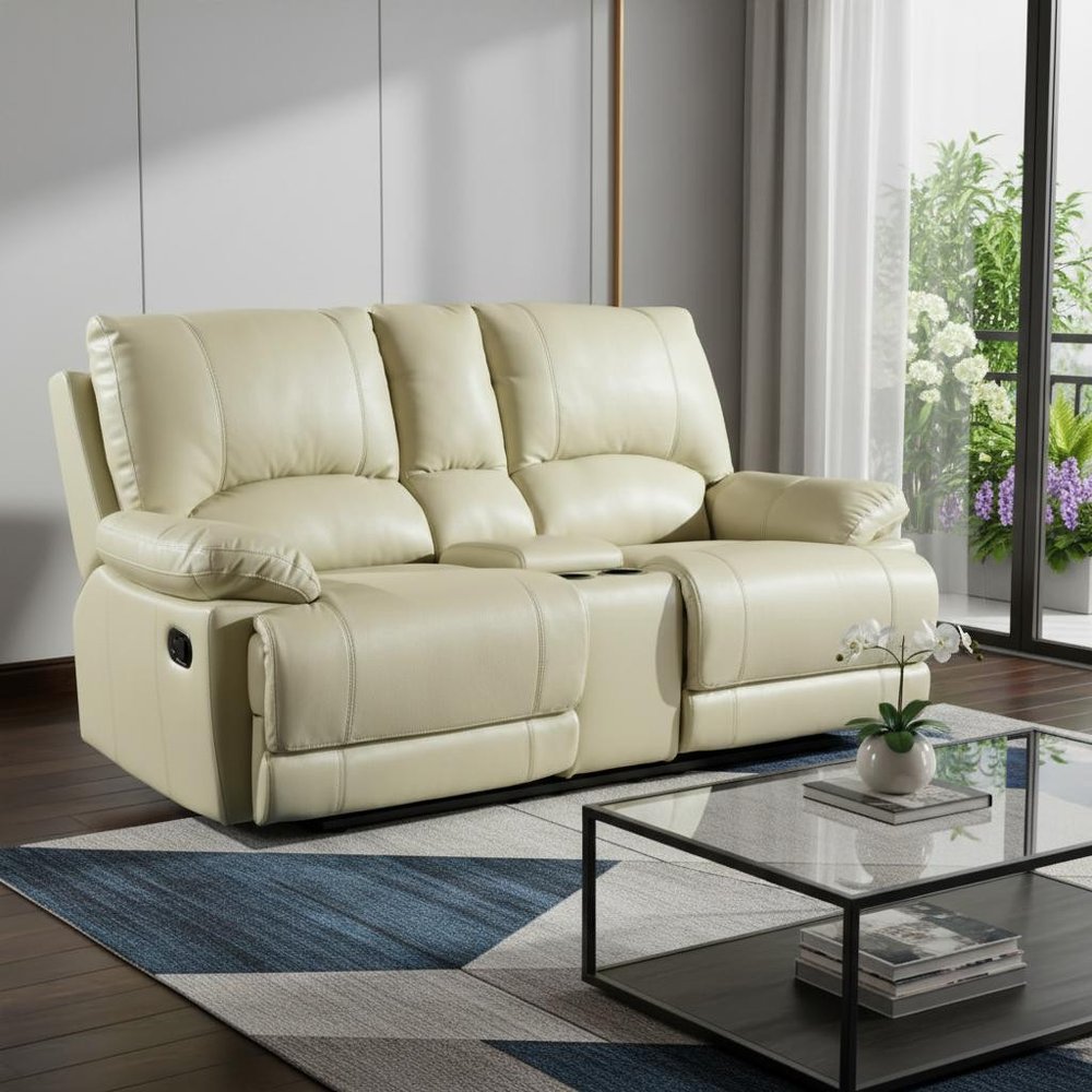 76" Beige Faux Leather Manual Reclining Love Seat With Storage in a home interior