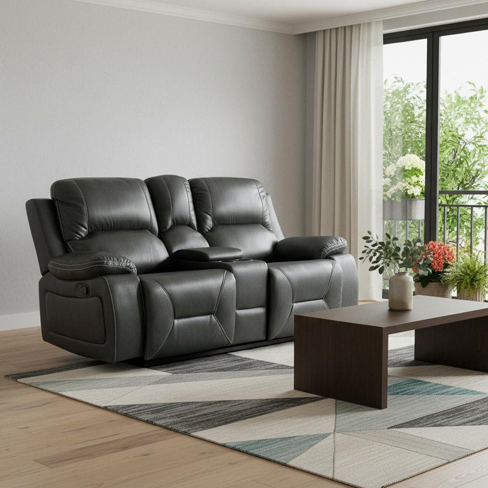 77" Gray Faux Leather Manual Reclining Love Seat With Storage on a white background