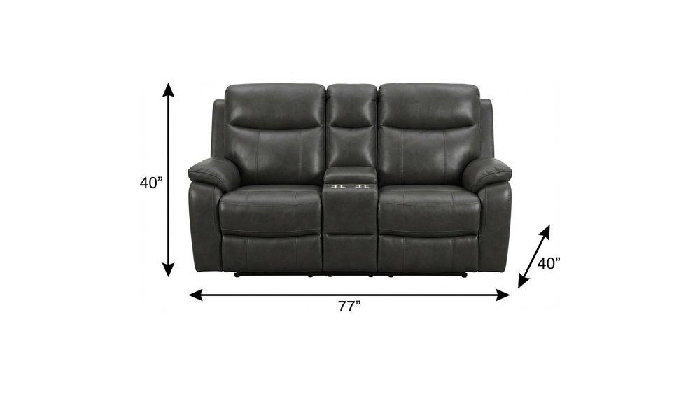 77" Gray Faux Leather Manual Reclining Love Seat With Storage on a white background