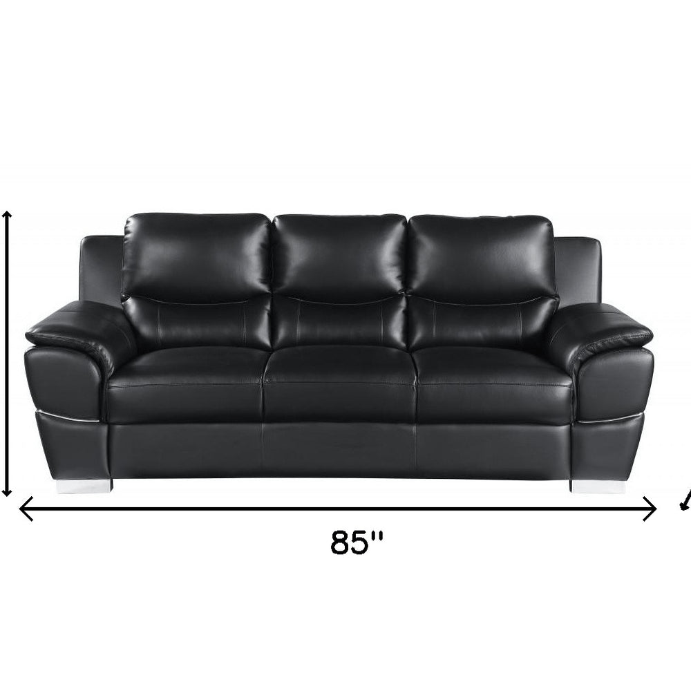85" Black Genuine Leather Sofa on a white background