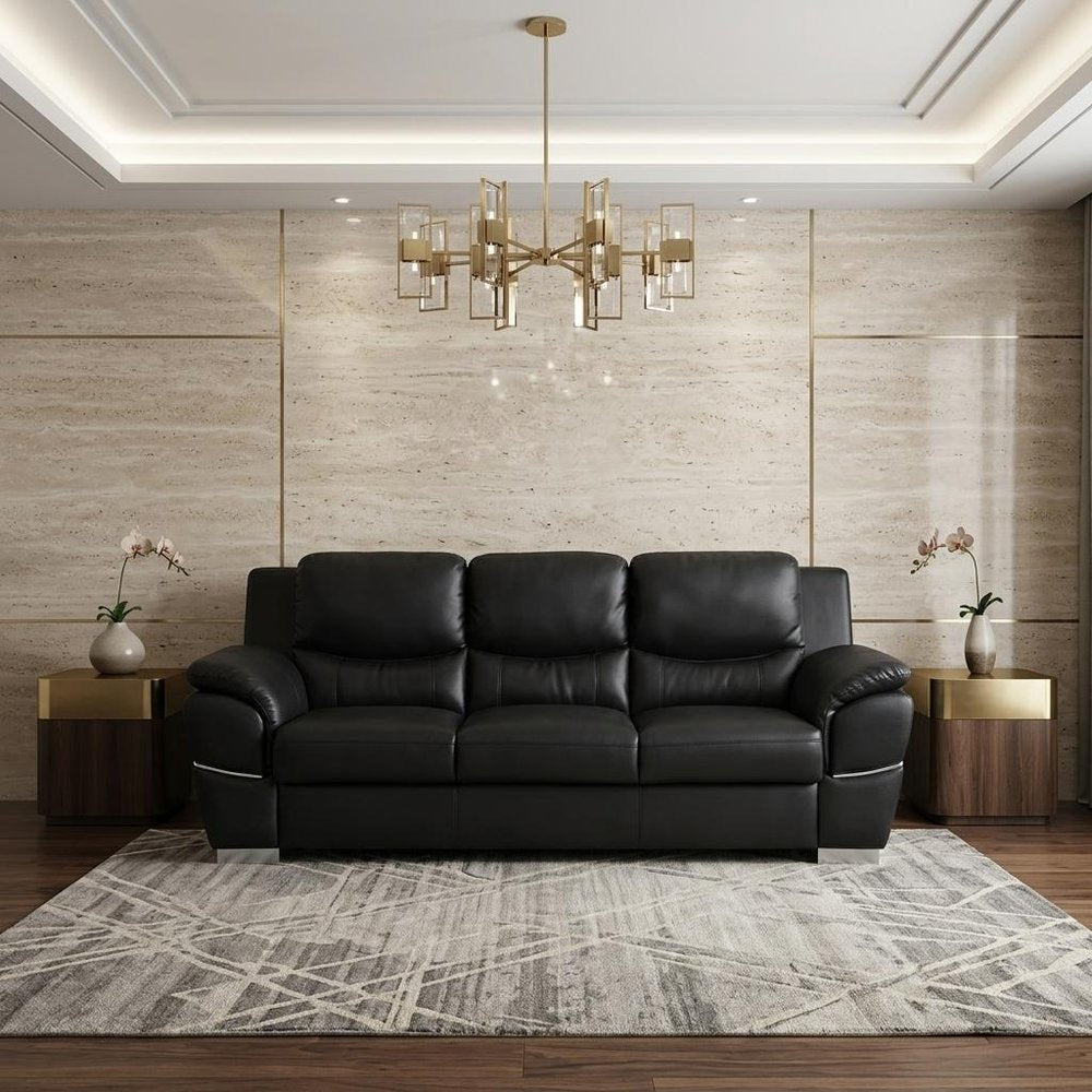 85" Black Leather Sofa With Silver Legs