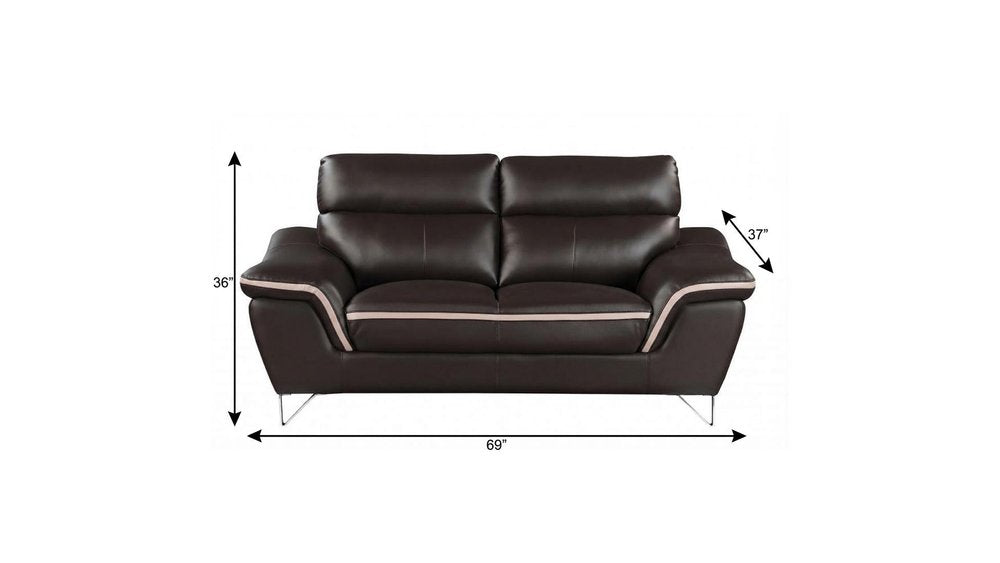 69" Brown And Silver Faux Leather Love Seat. Loveseat isolated on a plain white background, in a silver faux leather finish.
