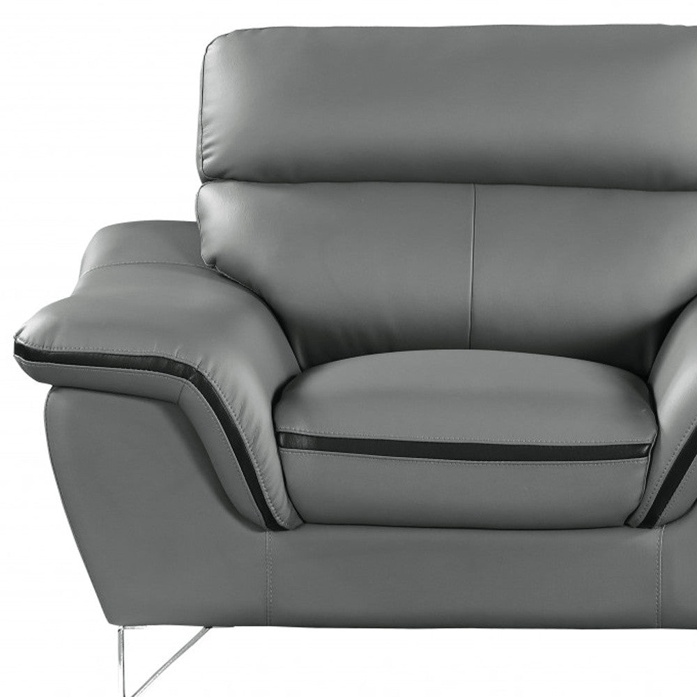 49" Gray And Silver Leather Match Convertible Chair. Accent chair isolated on a plain white background, in a silver leather finish.