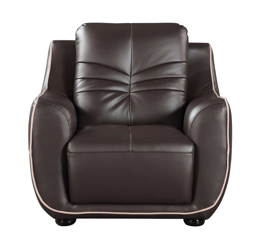 Brown tufted leather match club chair with cream piping, shown against a white background.