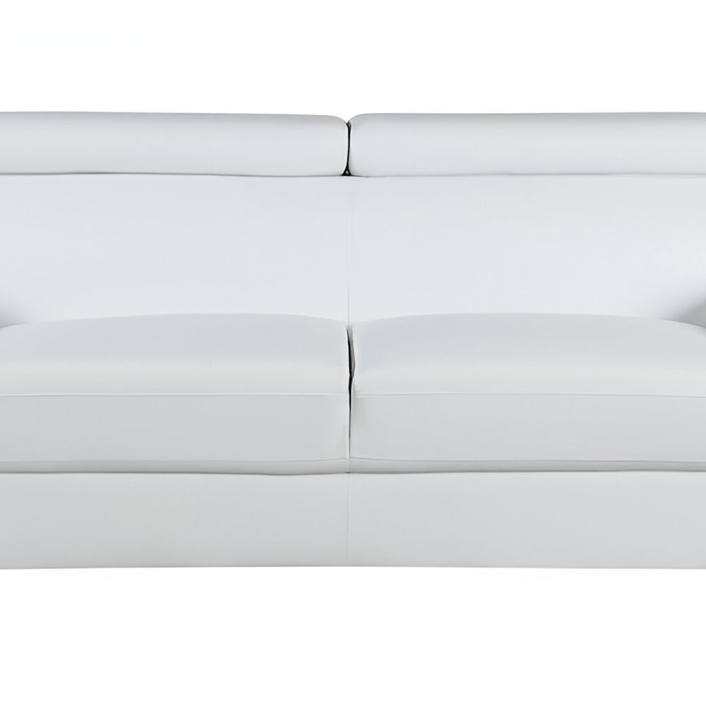 86" White Leather Sofa With Silver Legs on a white background