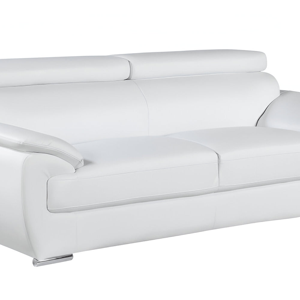 86" White Leather Sofa With Silver Legs on a white background